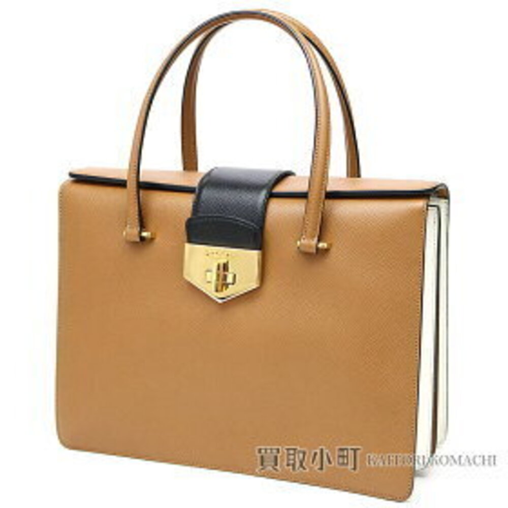 PRADA Saffiano Caramel Brown White Leather Calfskin Handbag Twist Closure
